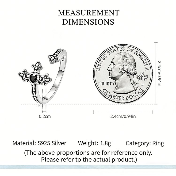 Closeup of black cubic zirconia inlay, minimalist cross heart ring womens adjustable band