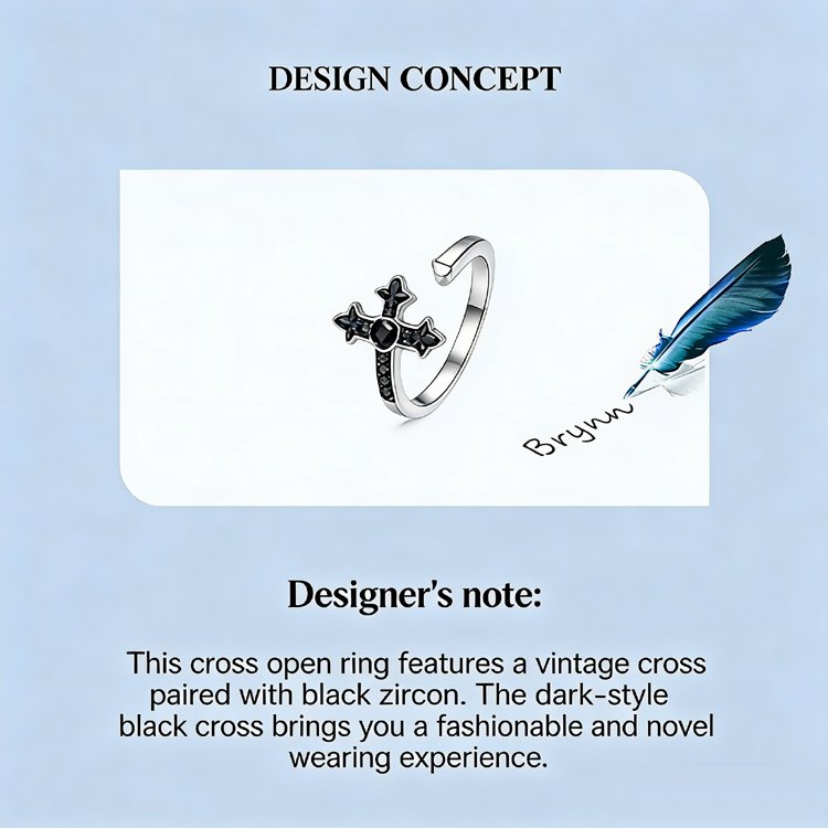 Closeup of black cubic zirconia inlay, minimalist cross heart ring womens adjustable band