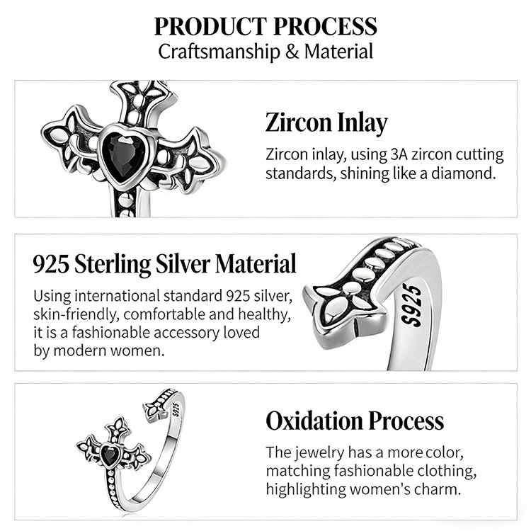 Closeup of black cubic zirconia inlay, minimalist cross heart ring womens adjustable band