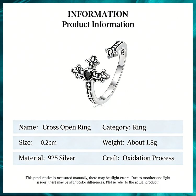 Closeup of black cubic zirconia inlay, minimalist cross heart ring womens adjustable band