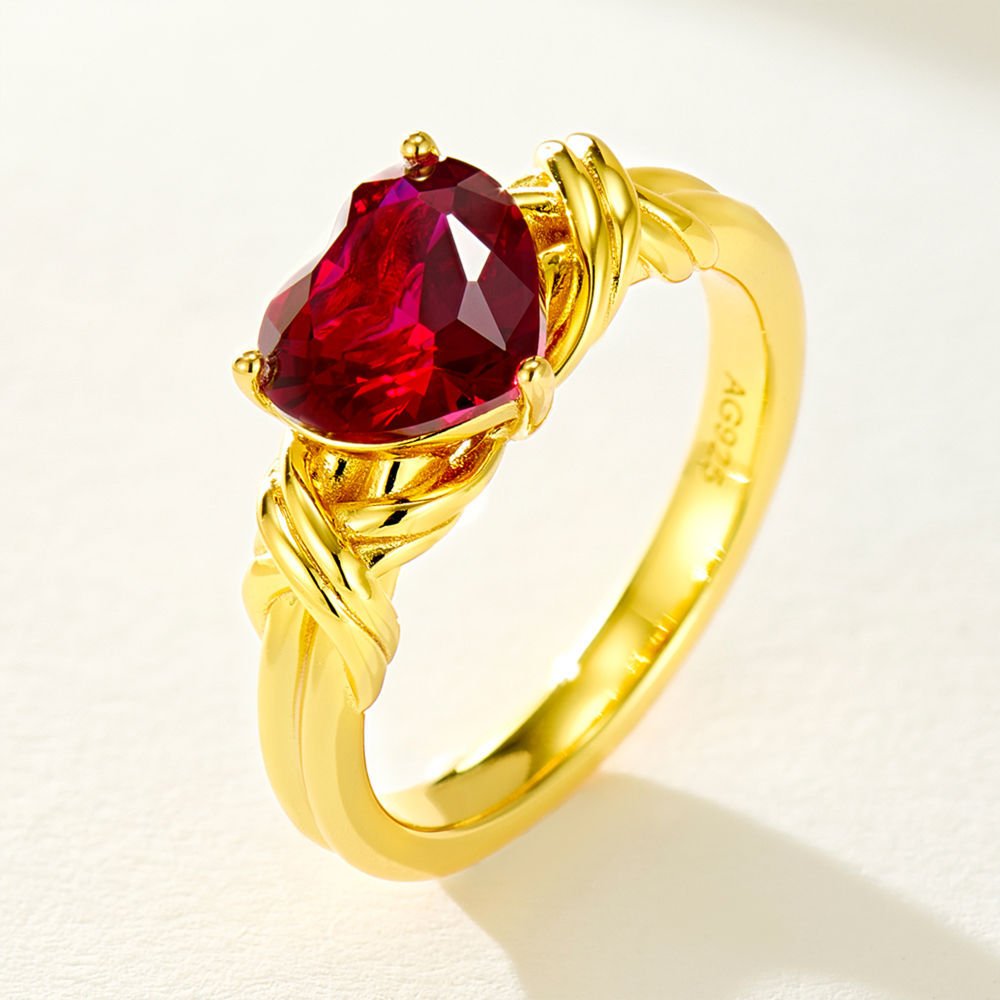 Gold plated heart ruby-style ring, part of heart rings for women collection