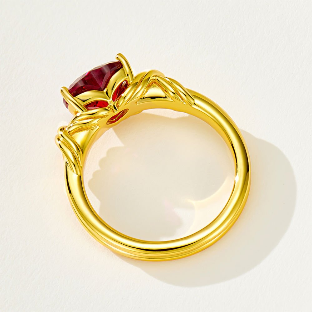 Red heart solitaire ring with rope-knot design, 18K gold plated sterling silver