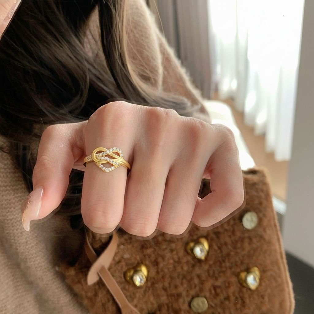 Model wearing gold heart ring on index finger stylish daily look