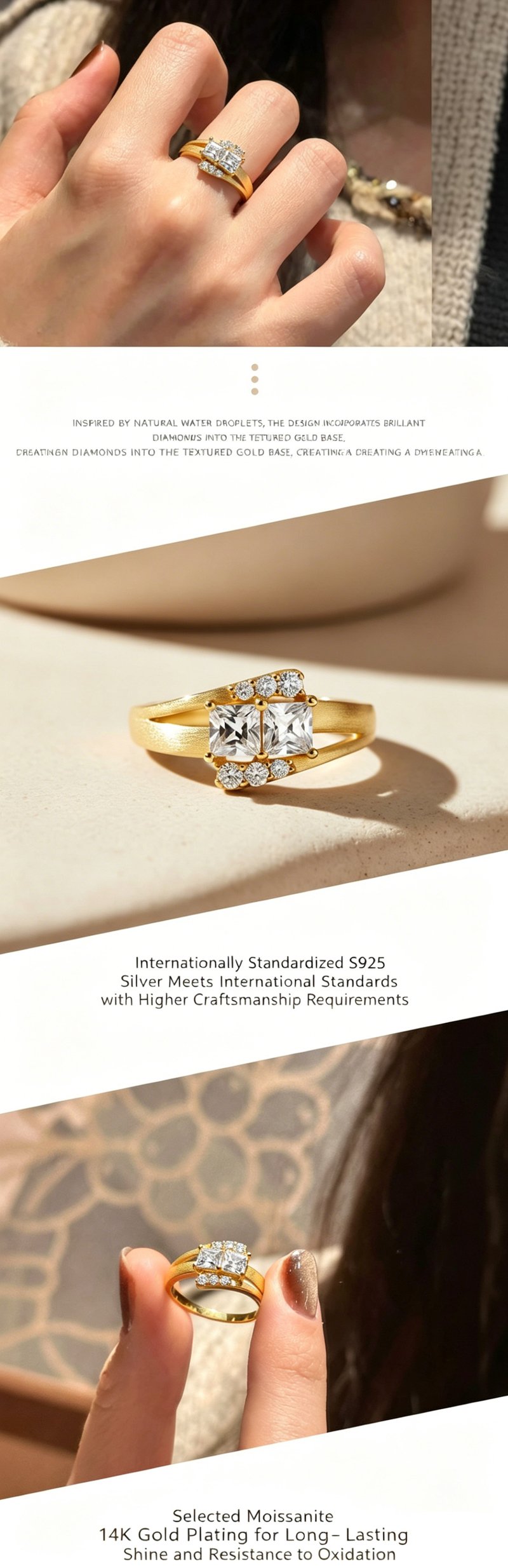 Detail shot of princess cut moissanite ring’s brushed sterling silver band