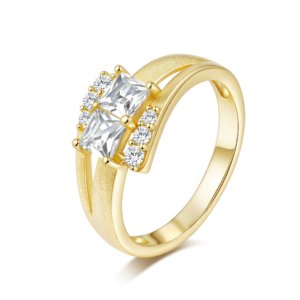 Princess cut moissanite ring, 14K gold plated sterling silver, brushed finish