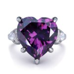 Purple diamond heart ring in sterling silver, minimalist heart shaped ring design