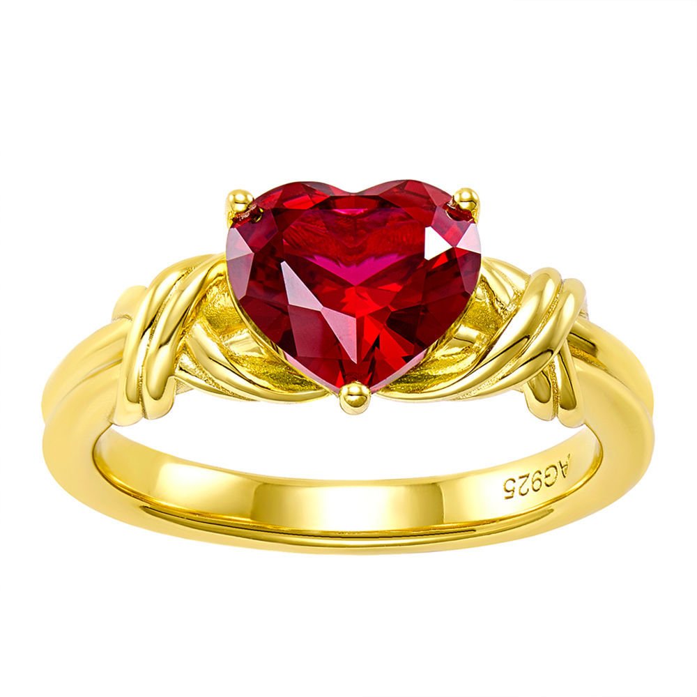 Red heart solitaire ring with rope-knot design, 18K gold plated sterling silver