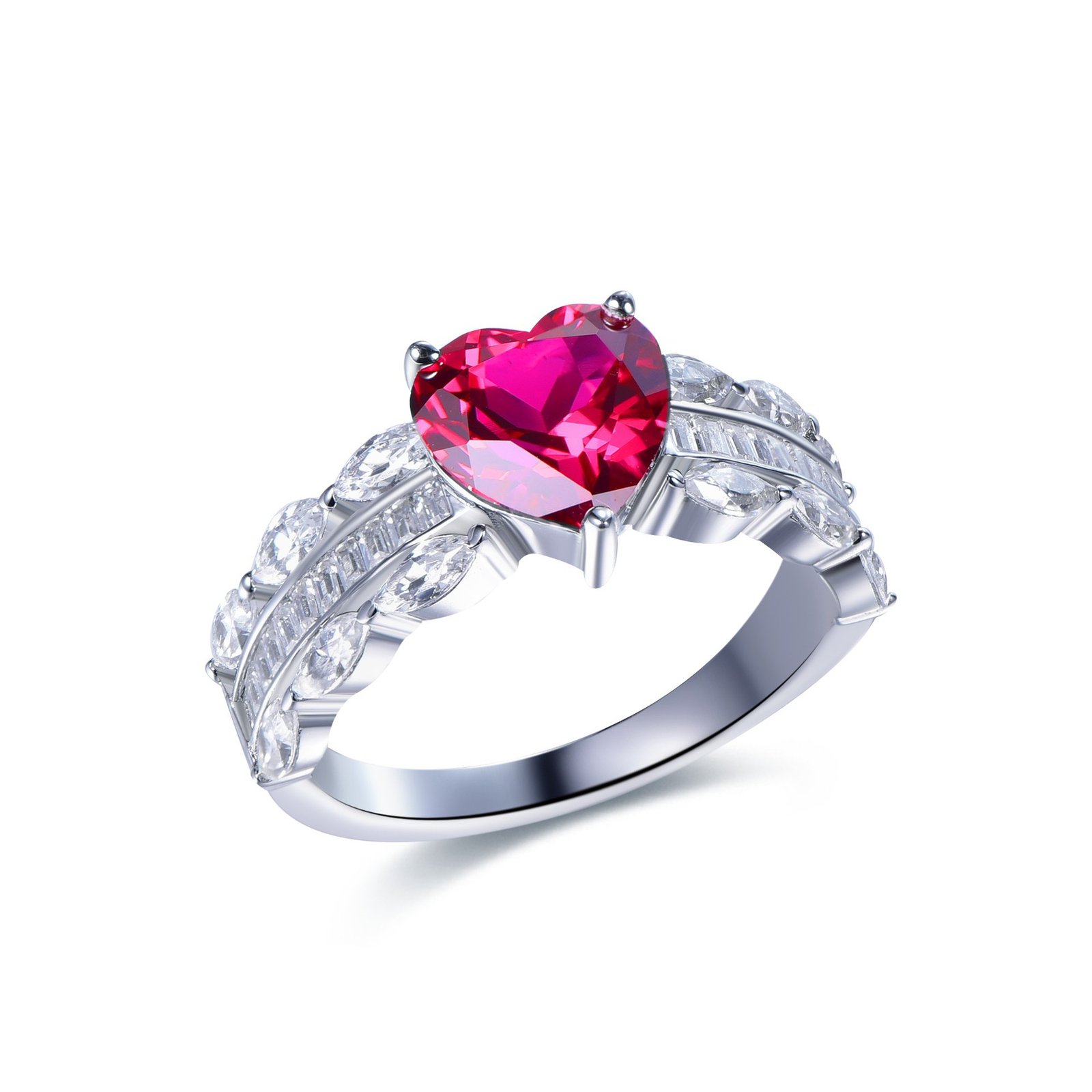 2CT ruby heart halo ring with diamond halo, white gold plated sterling silver