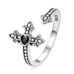 Cross heart ring womens side detail, 0.2cm slim band open adjustable black heart ring women