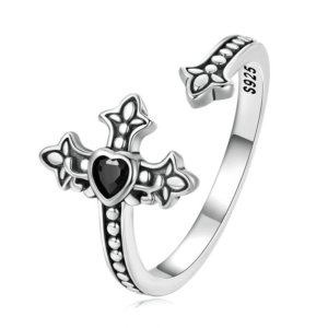Cross heart ring womens side detail, 0.2cm slim band open adjustable black heart ring women