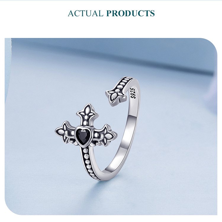 Cross heart ring womens side detail, 0.2cm slim band open adjustable black heart ring women