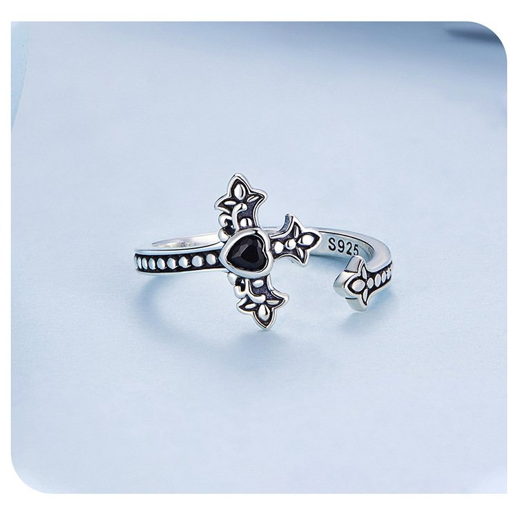 Cross heart ring womens side detail, 0.2cm slim band open adjustable black heart ring women