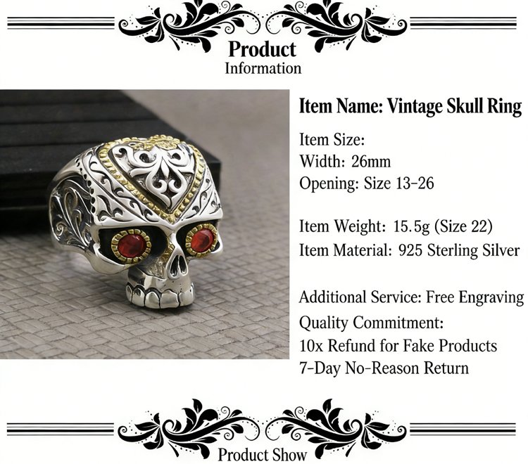 Closeup of red corundum heart inlay, vintage skull subtle heart ring mens craft