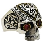 SYMARA vintage heart ring for men front view, red corundum inlaid skull mens heart ring