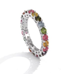 Tourmaline ring for October birthdays close-up, natural multi-color tourmaline ring detail