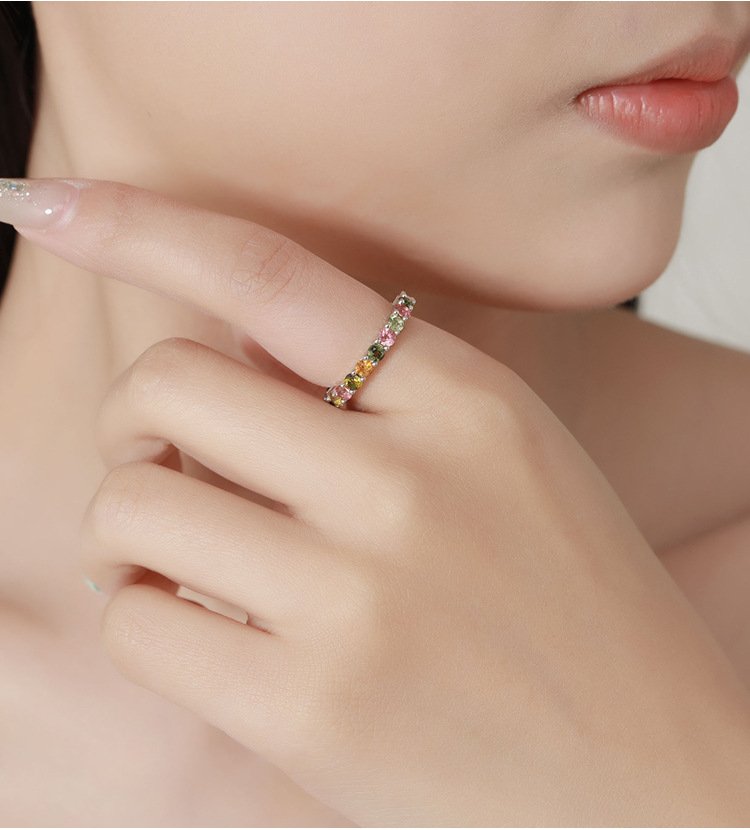 Tourmaline ring for women model shot, October birthstone eternity band on female model