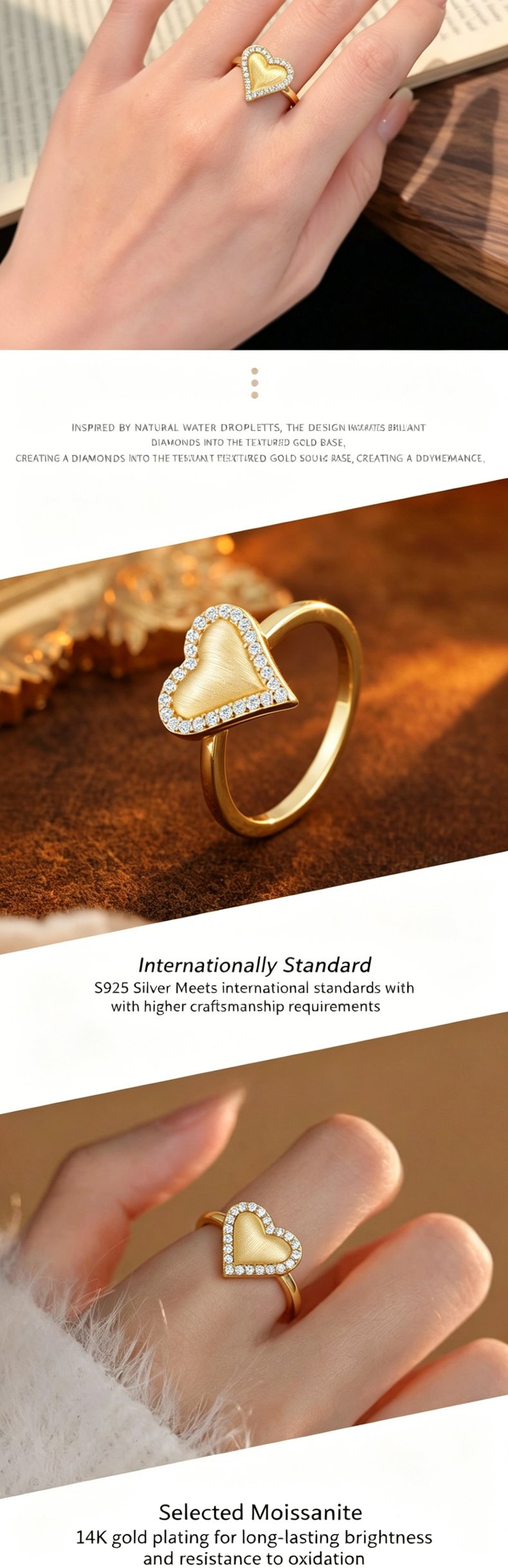 18K Gold & White Gold Plated Silver Heart Ring Two Colors