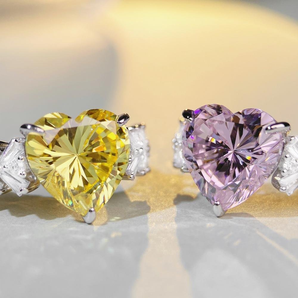 yellow-pink-heart-shaped-cz-ring-valentines-day-gift 6CT heart-cut cubic zirconia ring worn on finger, elegant women’s statement jewelry