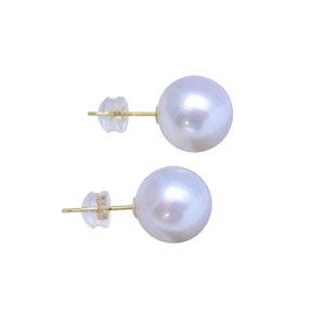 10-12mm round high-luster freshwater cultured pearl stud earrings in 18K gold, front view