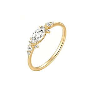 Dainty 14k gold promise ring with marquise lab grown diamond, front view