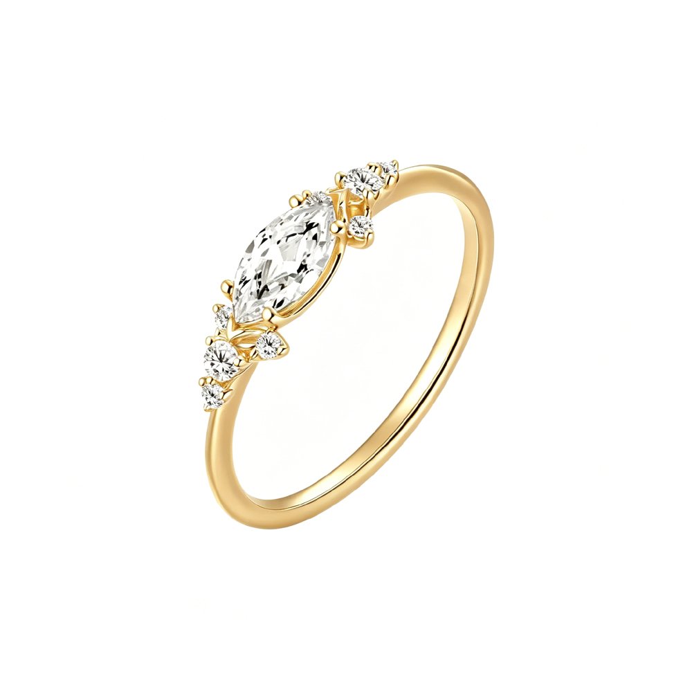 Dainty 14k gold promise ring with marquise lab grown diamond, front view
