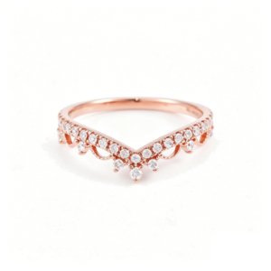 18k rose gold V-shape crown promise ring with diamond accents, elegant front view