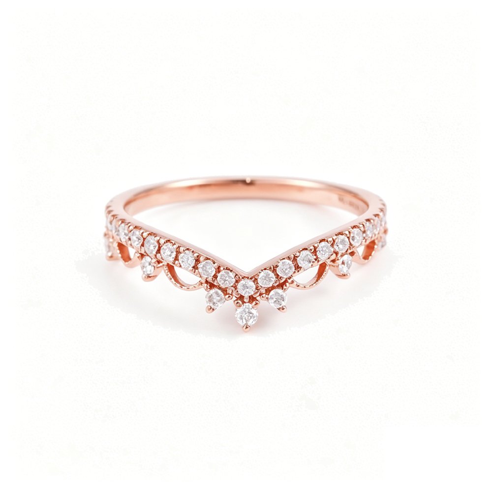 18k rose gold V-shape crown promise ring with diamond accents, elegant front view