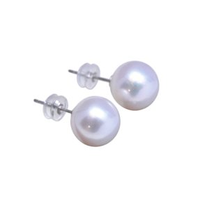 18K white gold large pearl stud earrings with 10-12mm high-luster freshwater pearls, front view