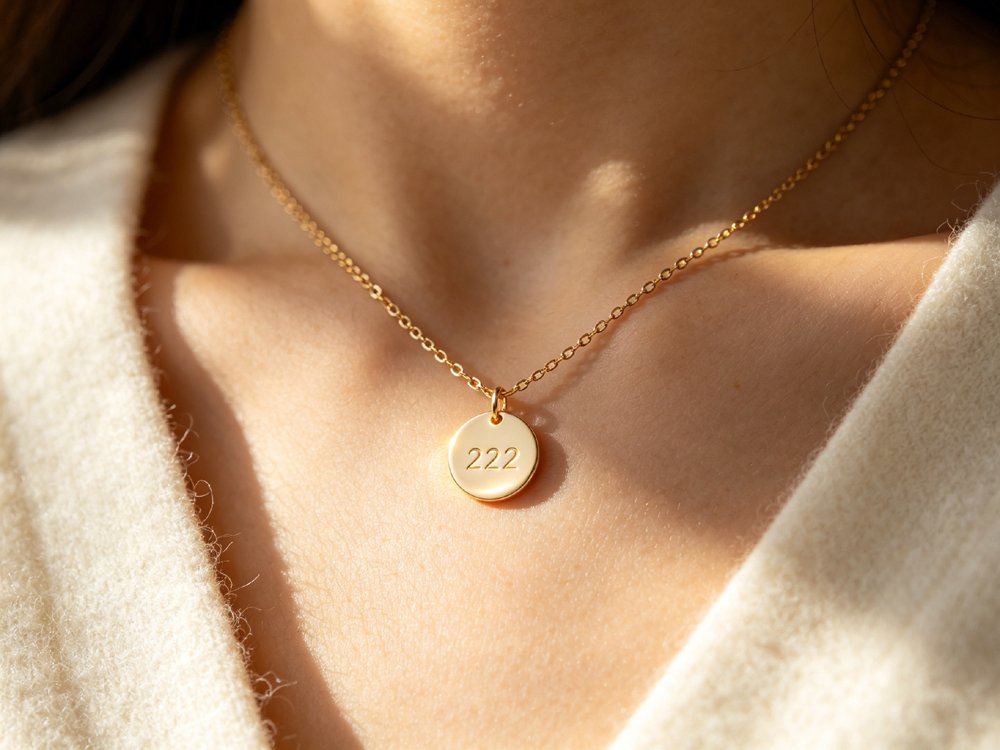 Close-up of a fine gold chain resting against the collarbone, with a small round pendant engraved with the number 222, gentle morning light highlighting skin texture and the gold’s soft gleam.