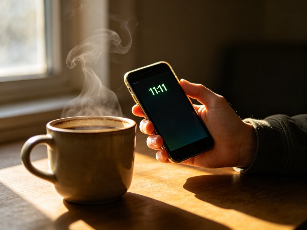 Close-up of a hand holding a phone displaying 11:11 on screen, with a steaming coffee cup resting on a wooden table in the foreground, soft morning light from a window casting gentle shadows.