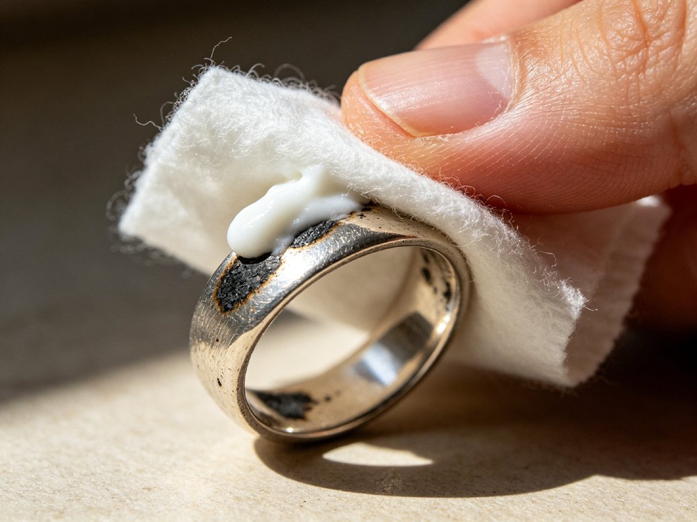 Gentle spot polishing removes local tarnish spots on sterling silver jewelry