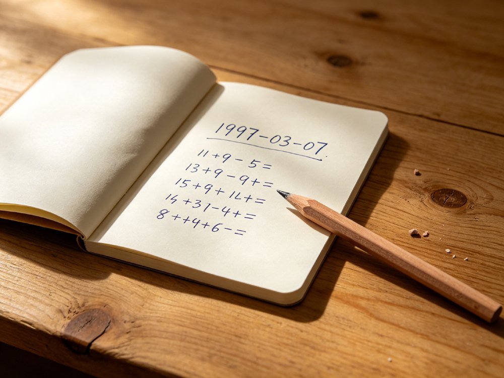 Flat lay on a solid wood desk showing an open notebook with handwritten birthdate digits and addition steps, a sharpened pencil resting beside it on the table.
