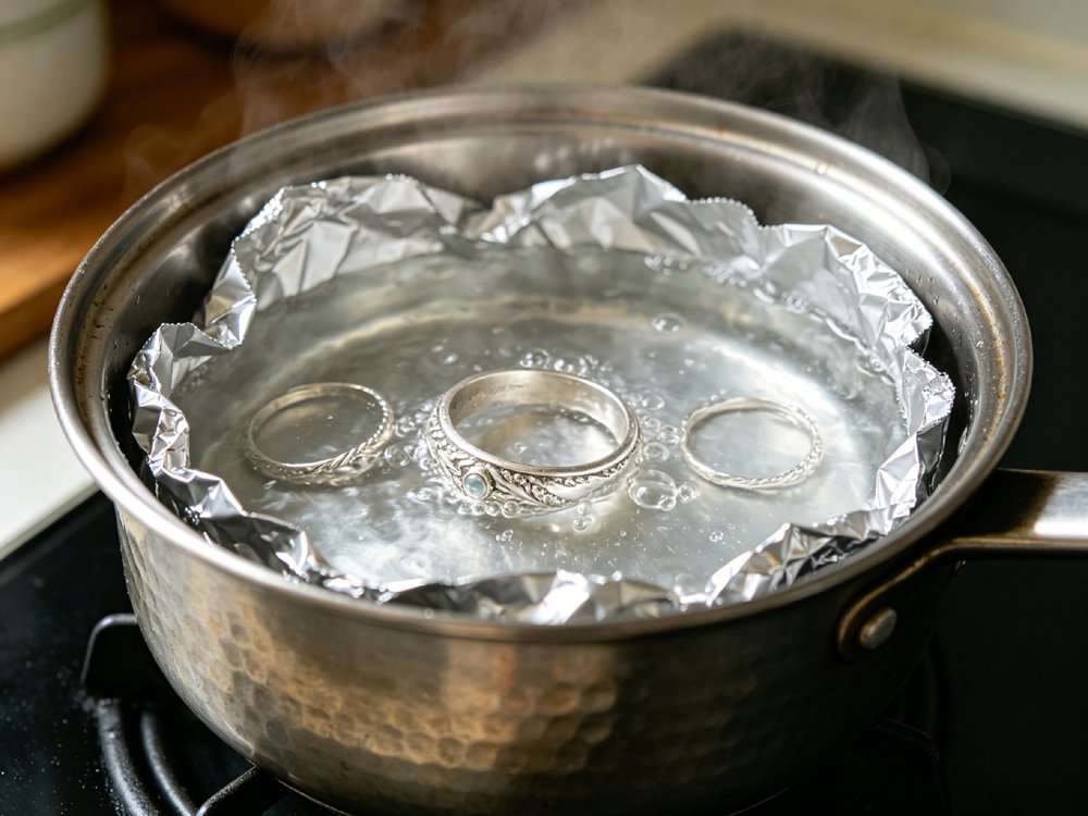 Fast boiling water cleaning method for sturdy sterling silver jewelry and silverware