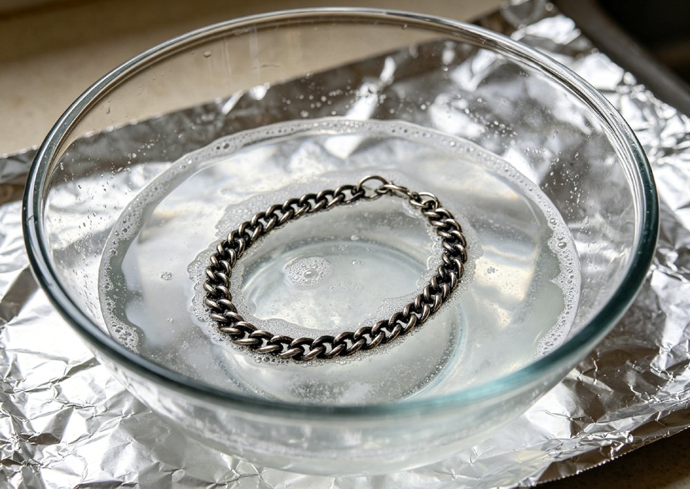 DIY electrolytic method to clean heavy tarnish on sterling silver jewelry safely at home