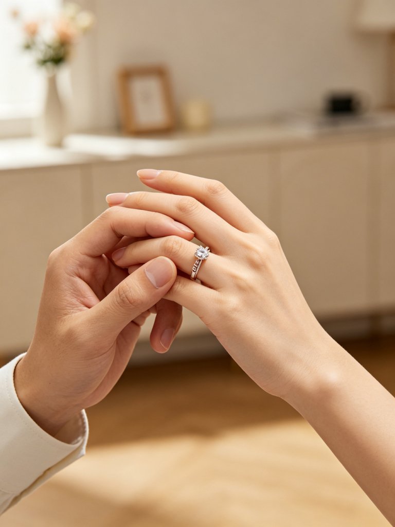 Close-up of a couple's hands holding together, with the woman wearing a beautiful toi et moi engagement ring on her finger.