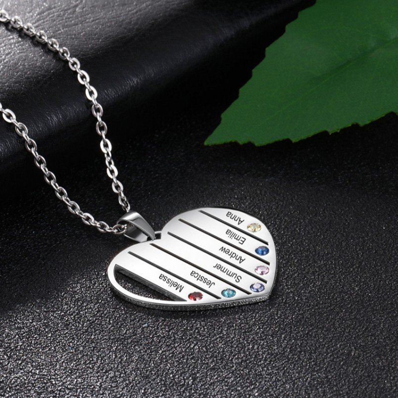custom-letter-pendant-engraving-detail Silver stainless steel personalized name necklace with family birthstones