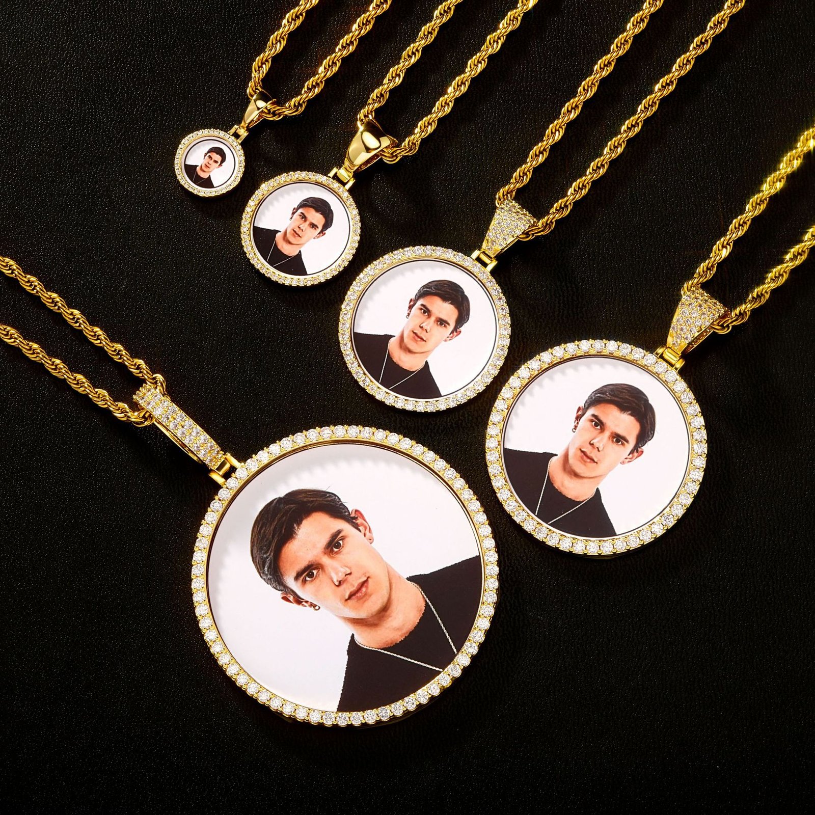 Size comparison of personalized photo pendants from 15mm to 68mm in gold, silver and rose gold