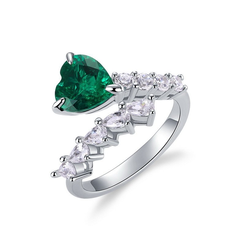 Adjustable open lab-grown emerald heart ring with cubic zirconia accents