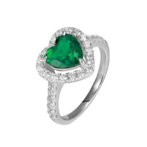 Emerald heart ring with double CZ halo, sterling silver heart gem ring