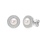 Vintage sterling silver freshwater cultured pearl halo earrings with cubic zirconia