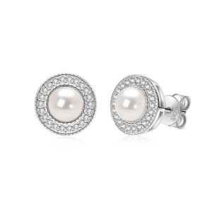 Vintage sterling silver freshwater cultured pearl halo earrings with cubic zirconia
