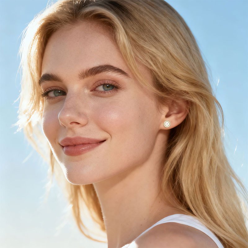 freshwater-pearl-halo-earrings-wearing-model Model wearing elegant freshwater cultured pearl halo earrings in sterling silver
