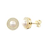 Gold-plated freshwater pearl stud earrings with 5A zirconia halo, front view