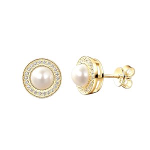 Gold-plated freshwater pearl stud earrings with 5A zirconia halo, front view