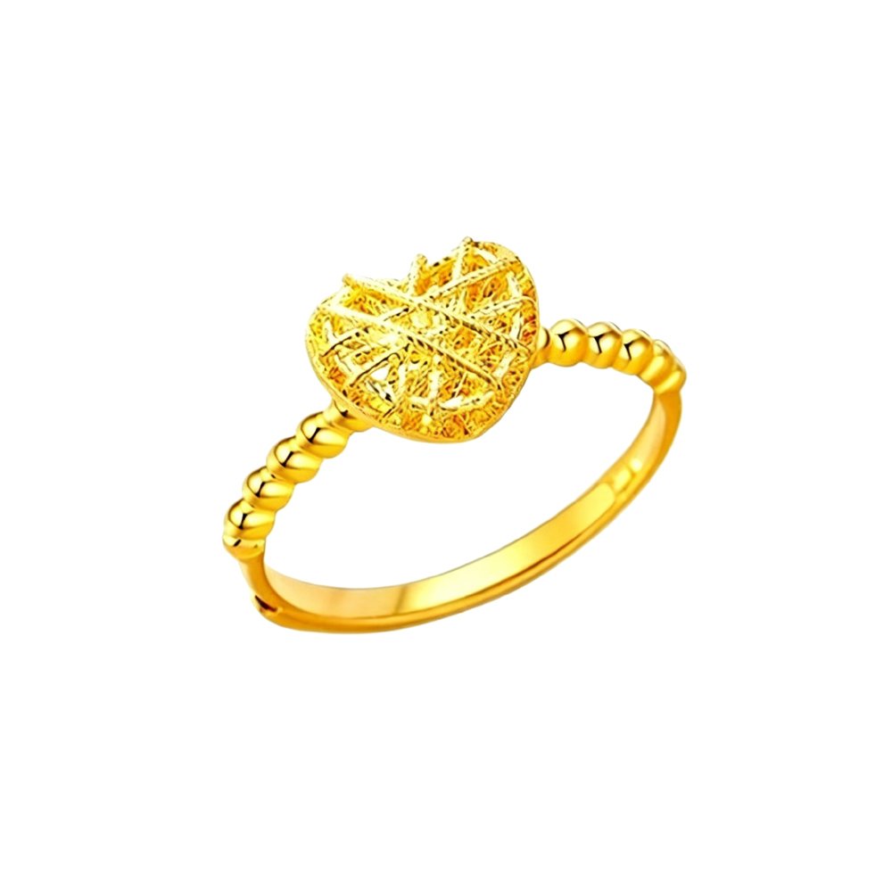 Gold heart ring with open filigree design, adjustable open heart ring for women