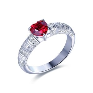 Heart-shaped ruby ring in sterling silver with lab-grown pigeon-blood red stone.