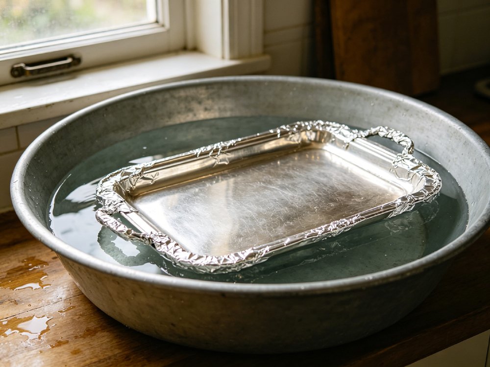 Foil wrap soak cleaning method for large silver trays and silver serveware