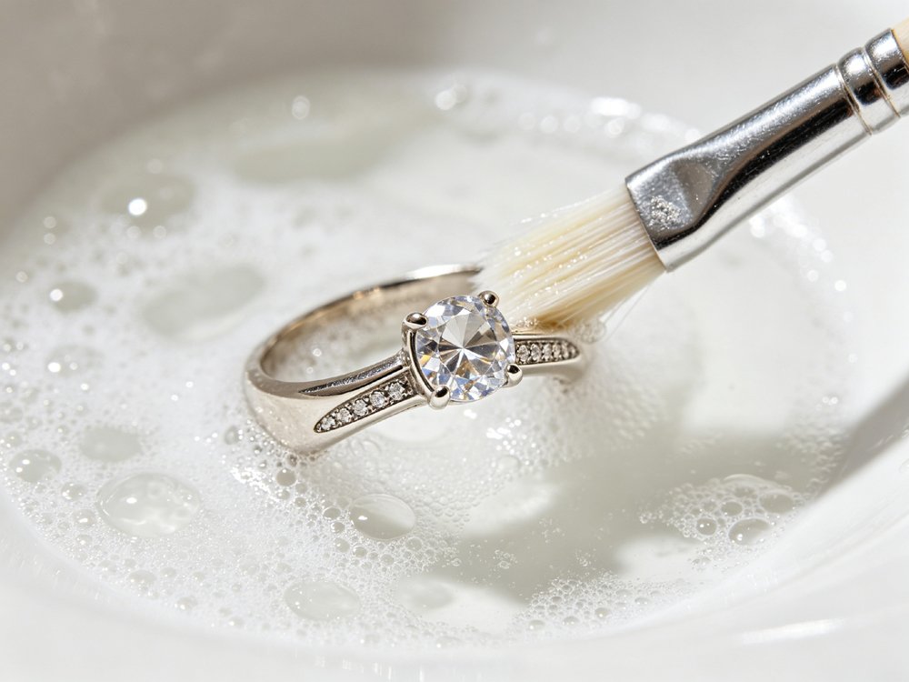 Safe mild soap cleaning method for diamond and moissanite stone set silver rings