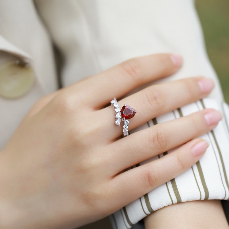 Adjustable open lab-grown ruby heart ring with cubic zirconia accents