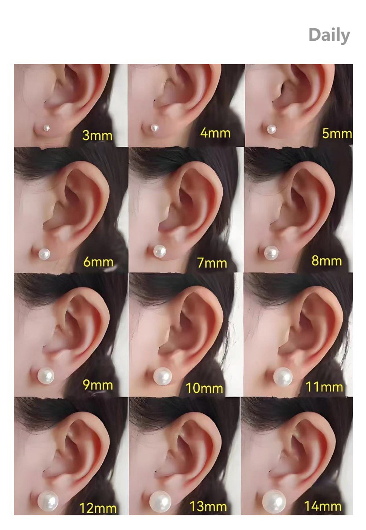 Closeup of 10mm pearl stud earrings on model for wedding bridal look SYMARA